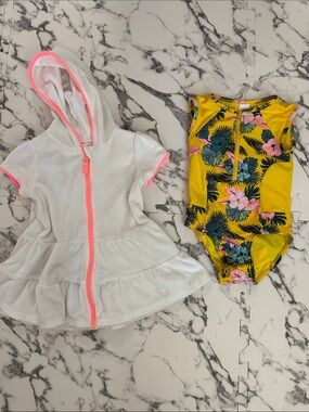 Cat & Jack Yellow Floral One-Piece Swimsuit with White Hooded Cover-Up